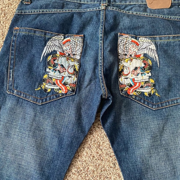 Ed Hardy Dark Blue Bootcut Jeans with Tatoo Embroidered Design - Picture 4 of 6